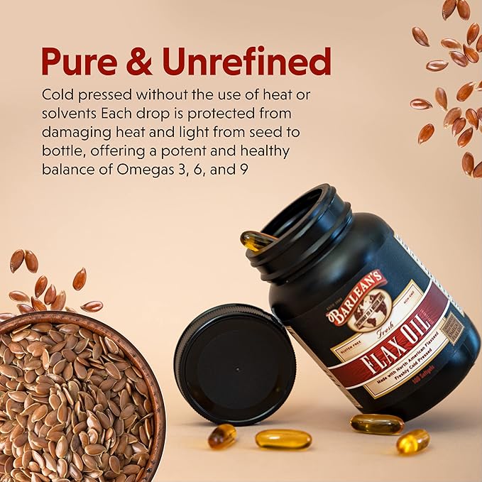 Barlean's Flaxseed Oil Softgels, Cold-Pressed Flax Seed Supplement with 1,650 mg ALA Omega-3 Fatty Acids for Joint & Heart Health, 1000mg, 100 ct