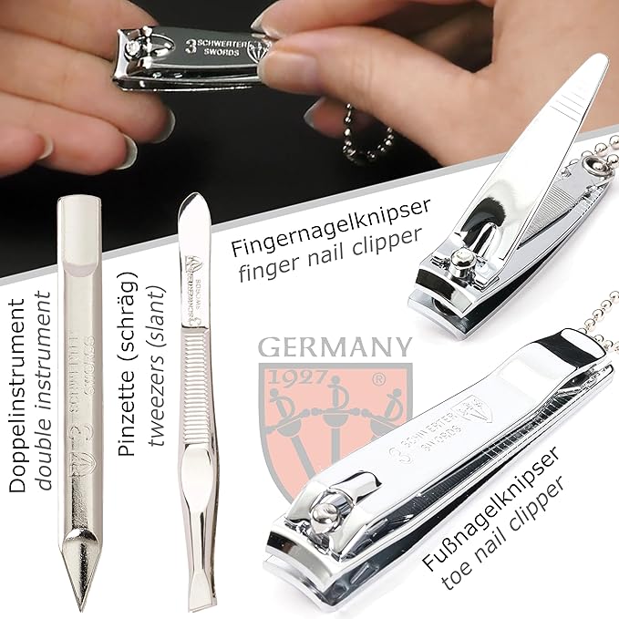 3 Swords Germany - brand quality 6 piece manicure pedicure grooming kit set for professional nail care with red synthetic leather case - Made in Germany