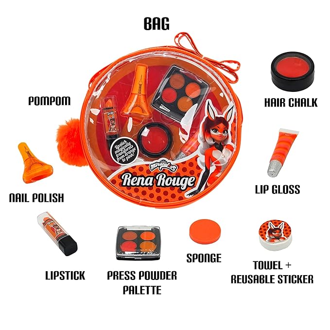 Miraculous Ladybug Kids Makeup Set - 10 Piece Bag with Nail Polish, Hair Chalk, Stickers & More - Safe, Non-Toxic Pretend Play Cosmetics - Rena Rouge Themed Makeup Kit for Children