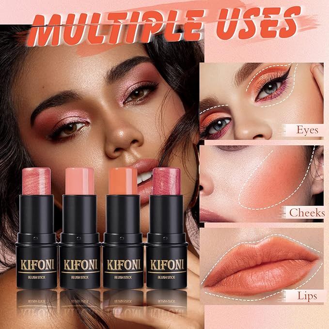 2 Pcs Cream Blush Stick Makeup Kit, Natural Shimmer & Matte Wand for Cheeks, Lightweight Blendable Silky Cream Makeup - #02 Soft Pink #03 Coral Orange