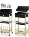 Large Makeup Organizer Cart with Hair Tool Holder, Rolling Makeup Cart with Drawer, 2-in-1 Vanity Organizer Cosmetic Display Cases for Skin Care Perfume Nail Polish Brush Tools, Gold & Black