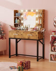Furmax Vanity Desk with Mirror and LED Light Bulb, Small Makeup Vanity Table with Drawers, Dressing Table with Power Outlet and Hair Drayer Holder for Bedroom (Rustic Brown & Black)