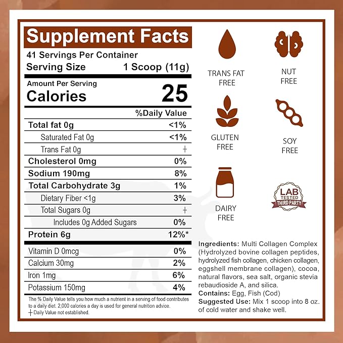 Zammex Multi Collagen Protein Powder, Type I & III & V & X, Hydrolyzed Collagen Peptides for Women & Men, Supports Hair and Skin, Gut Health, 41 Servings, Chocolate