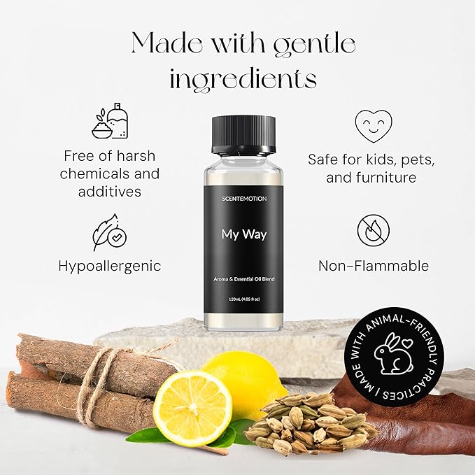 SCENTEMOTION My Way Diffuser Oil Inspired by The 1 Miami Beach Scent, Scent Diffuser Oil with Notes of Cardamom, Leather, Lemon & Iris, Aromatherapy Fragrance, Essential Oil Blend | 120ml, 4.05 fl oz