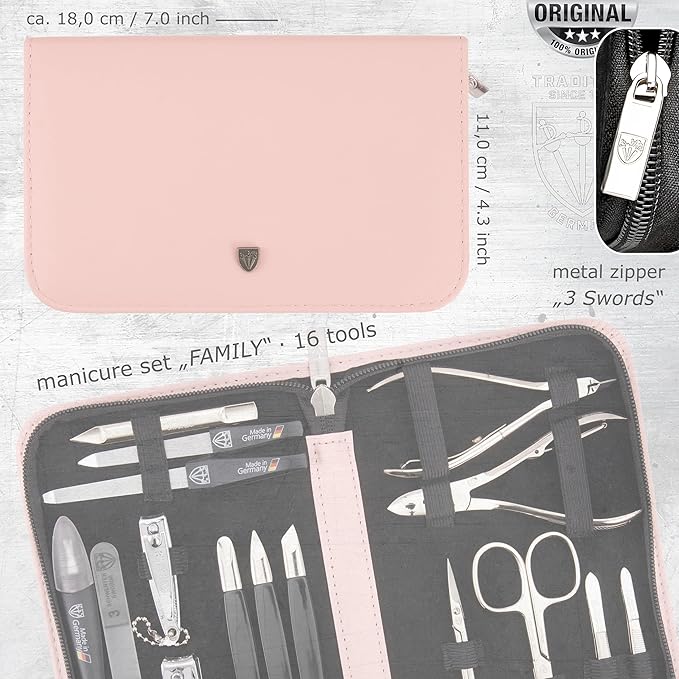 3 Swords Germany - brand quality 16 piece manicure pedicure grooming kit set fashion leather case light pink, Made in Germany