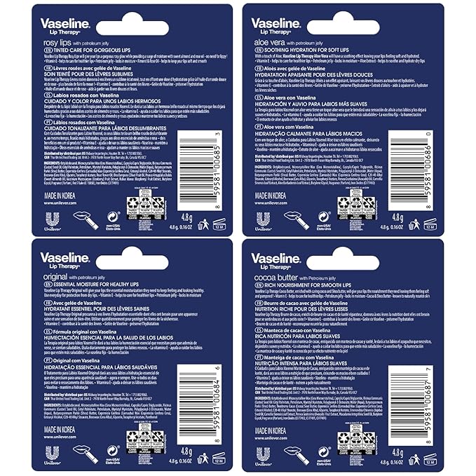 Vaseline Lip Therapy Variety 4-Pack, Moisturizing Lip Balm with Vitamin E, 0.16 Oz Ea