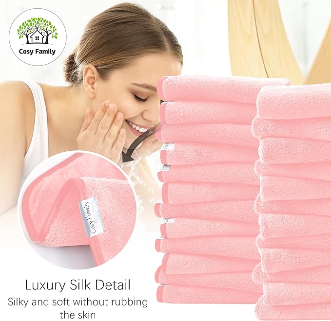 Cosy Family 24 Pack Soft Washcloths Set - 12 x 12 inches, Quick Drying - Highly Absorbent Coral Velvet Fingertip Towel Bathroom Wash Clothes for Bath, Spa, Facial, Kitchen - Pink