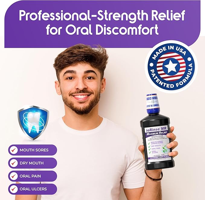 ioRinse Maximum Relief (MR) Mouthwash - Dentist & Oncologist Approved & Recommended for Patients with Oral Mucositis, Mouth Sores, Oral Ulcers, Dry Mouth, Canker Sores and Mouth Irritation. Mint 1L