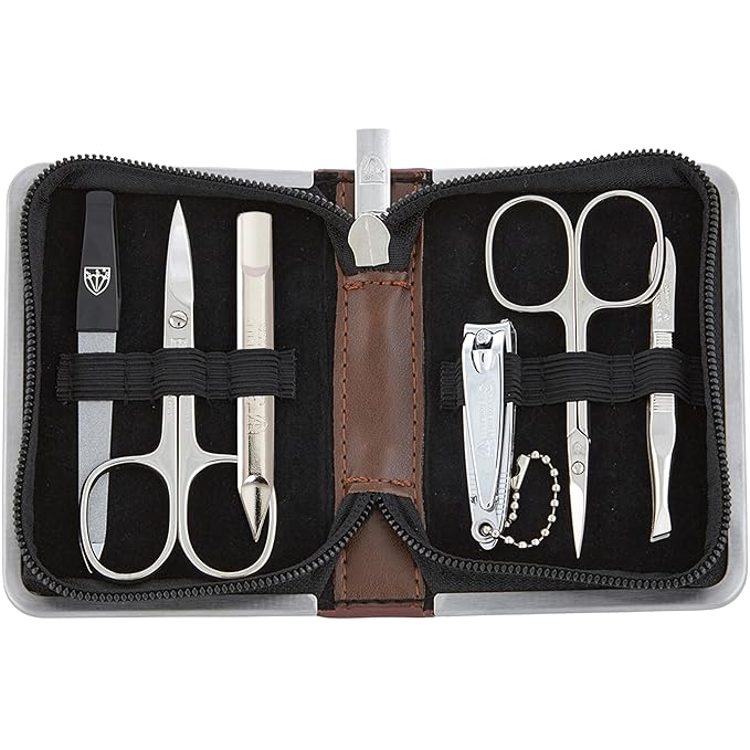 3 Swords Germany - brand quality 6 piece manicure pedicure kit set for professional finger & toe nail care with synthetic leather case - Made in Germany - brown