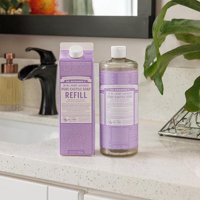 Dr. Bronner's Pure-Castile Liquid Soap Bottle & Refill Carton - Made with Regenerative Organic Certified Oils, 82% Less Plastic-18-in-1 Uses for Face, Body Wash, Hand Soap Refill- Lavender,32oz