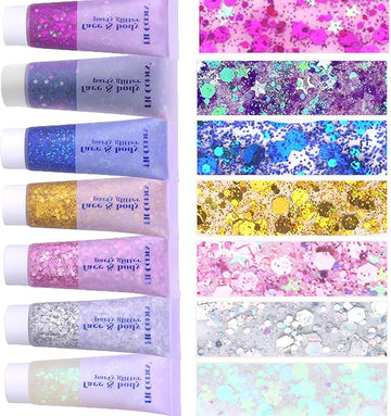 Face Body Glitter, Hair Glitter Sparkles Chunky Face Glitter Gel for Girls Makeup Singer Concerts Mermaid Festival Sequins Face Paint (Pink+Blue+Purple+Rose+White+Silver+Gold)