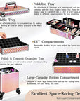 5 in 1 Rolling Makeup Train Case on Wheels Large Cosmetic Organizer Travel Cart for Women Beauty Salon Barber Hairstylist Pink