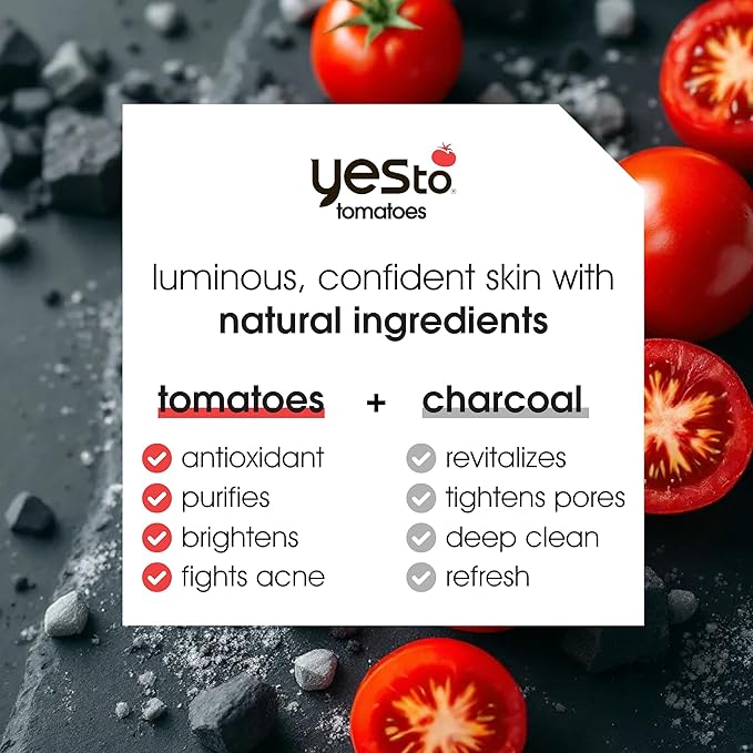 Yes To Face Wipes for Women and Men, Charcoal Facial Cleansing Wipes for use as a Make Up Remover, Cleaning, Soothing, Tomatoes (Pack of 2)