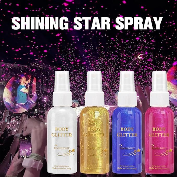 MAEPEOR Body Glitter Spray 4 Colors Quick-Drying and Non-Sticky Body Glitter Spray Moisturizing Bronze Body Shimmer for Face Hair Body (80ML, 12)