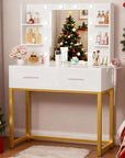 YESHOMY Vanity Desk with Mirror, Makeup Table with 2 Large Drawers, Power Outlet and Round Holder, 3 Color Modes Adjustable Bulb, White