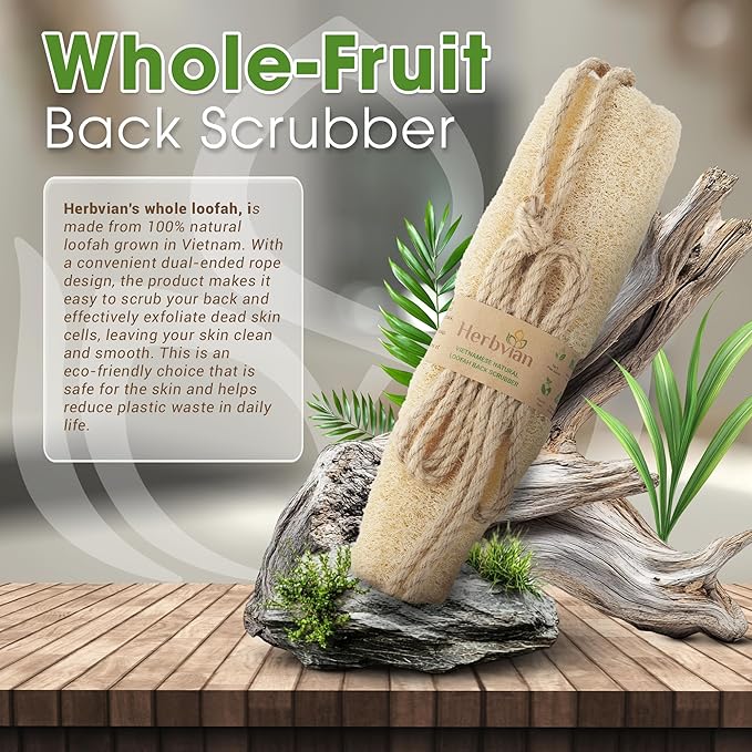 Vietnamese Natural Loofah Back Scrubber - 100% Plant-Based Exfoliation Shower Sponge, Handcrafted Whole Loofah Gourd with Jute Fiber Handle, Suitable for Men & Women (1-Pack)