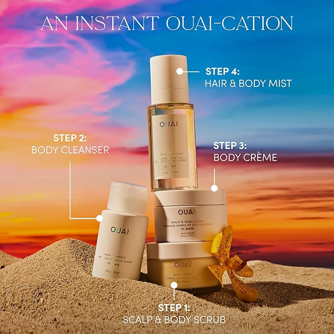 OUAI Scalp & Body Scrub, St. Barts Travel Size - Exfoliating Body Scrub with Sugar & Coconut Oil Blend for Smooth, Moisturized Skin - Gentle Scalp Scrub for Removing Product Build Up (3.4 oz)