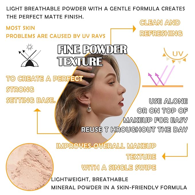 2PCS Mineral Sunscreen Setting Powder Makeup,Translucent Powder SPF Finish,Lightweight,Breathable,All Skin