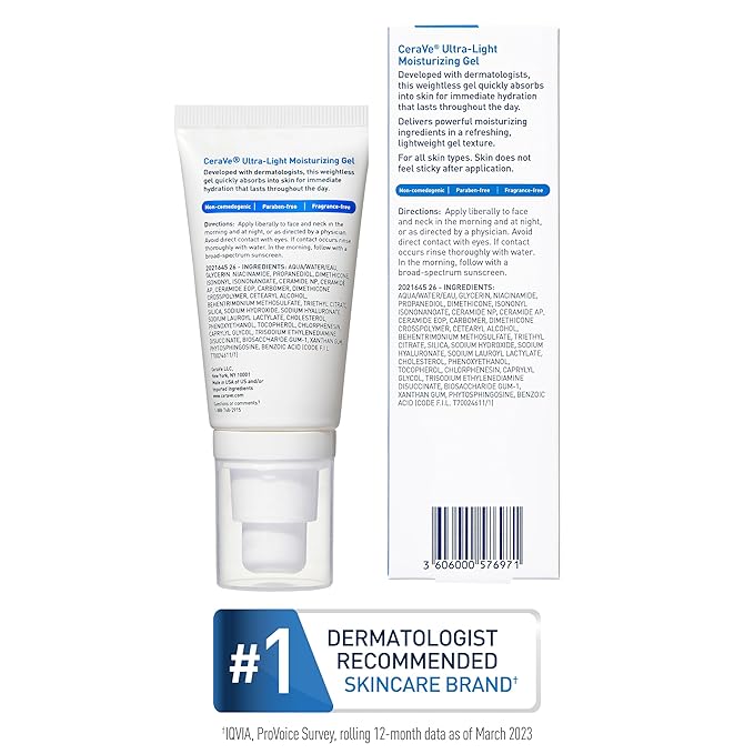 CeraVe Ultra-Light Moisturizing Gel, Hydrating Gel Face Moisturizer with Ceramides, Niacinamide, Hyaluronic Acid, Fragrance Free, Oil-Free, Weightless Mattifying Moisturizer, 1.75 FL Oz