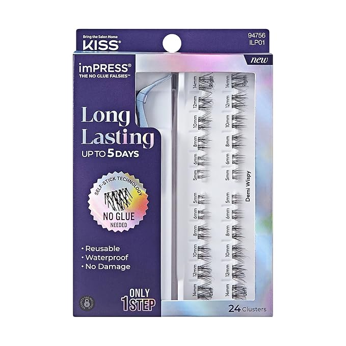 KISS imPRESS Falsies Long Lasting Self Adhesive Eyelashes, ‘Demi Wispy’, 5 Day Extended Wear, 24 Light Volume Lash Clusters (5,6,8,10,12, & 14mm), Precision Non-Stick Applicator