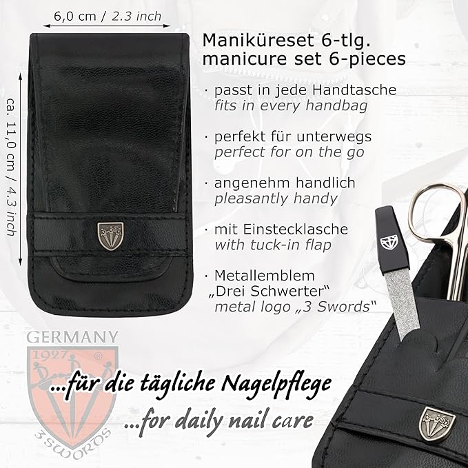 3 Swords Germany - brand quality 6 piece manicure pedicure grooming kit set for professional nail care with black synthetic leather case - Made in Germany