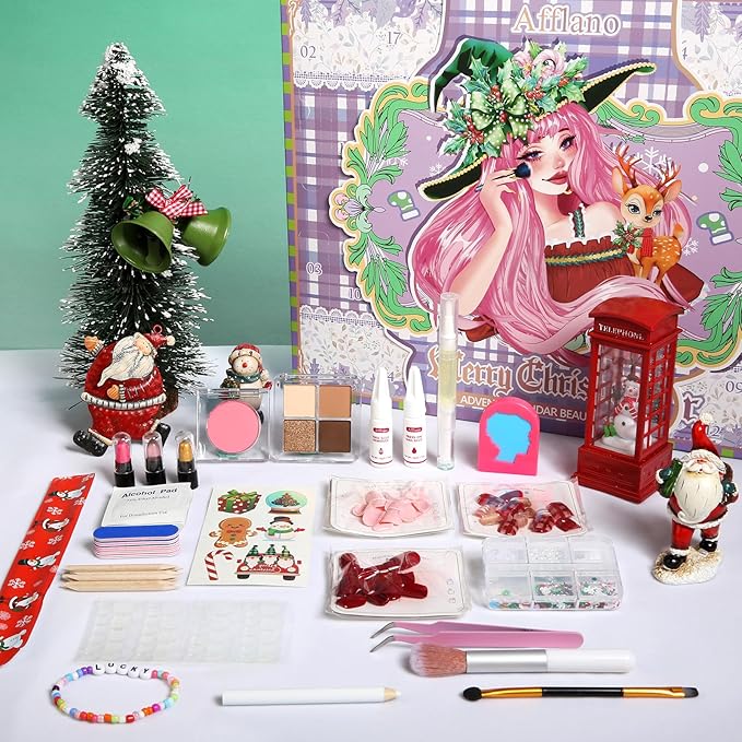 Makeup Advent Calendar 2025 Teens Girl, 24 Days Christmas Countdown Face Eyes Lip Nail Beauty Advent Calendar for Girls Women, 24 Pcs Xmas Holiday Makeup Gifts Sets, Festival Surprise Full Makeup Kits