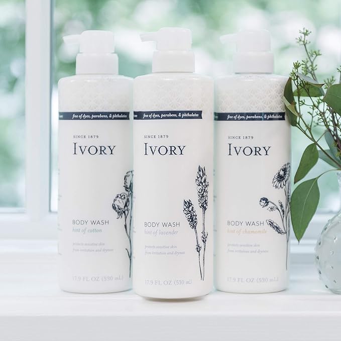 Ivory Sensitive Skin Moisturizing Body Wash, Hint of Lavender, 17.9 Fl Oz (Pack of 4)