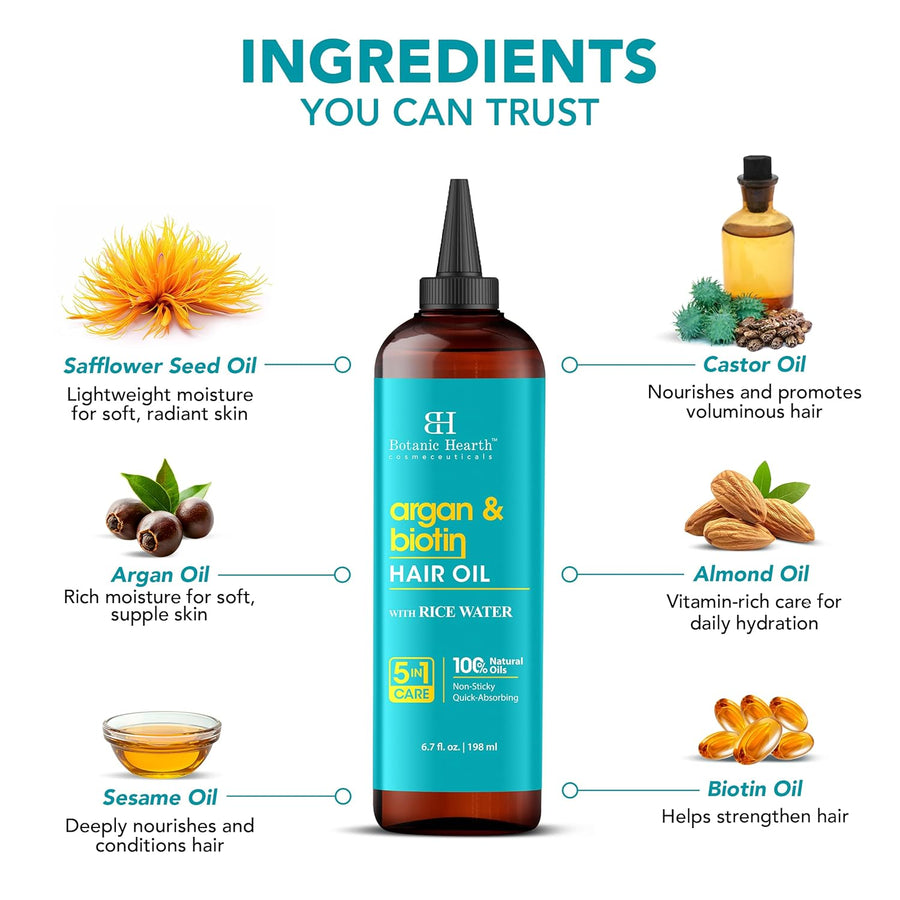 Botanic Hearth Argan & Biotin Hair Oil (6.7 Fl Oz) | Tames Frizz & Adds Shine | After Wash Lightweight Hair Oil | Repairs Dry, Damaged Hair | For All Hair Types | No Parabens