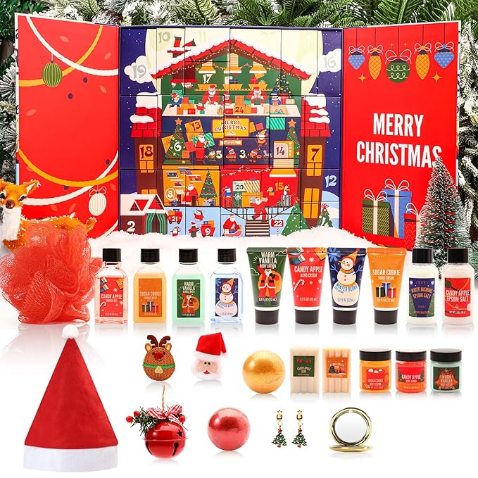 Advent Calendar 2025 Adult, Holiday Gift Baskets for Women with Hand Cream, Epsom Salt, Candle, Necklace, Brooch, Ear Clips, Skincare Beauty Advent Calendar, Happy New Year Countdown Calendar Gift Set