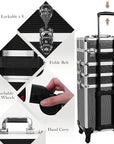 5 in 1 Professional Makeup Train Case Aluminum Cosmetic Case Rolling Makeup Case ExtraLarge Storage Organizer with Key Swivel Wheels Salon Barber Case for Make Up Nail Hairstylists, Black