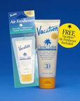 Vacation Classic Sunscreen Lotion SPF 30 & Air Freshener Bundle, Water-Resistant, Lightweight, Transparent on All Skin Tones, Dermatologist-Tested, Vegan, Travel Size, 3.4 Fl. Oz.