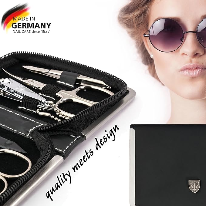 3 Swords Germany - brand quality 6 piece manicure pedicure kit set for professional finger & toe nail care with synthetic leather case - Made in Germany - black