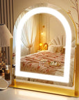 ROLOVE Lighted Makeup Mirror with 3-Color Dimmable Lighting, with Removable 10x Magnifier, Smart Touch Control, 360° Rotation, 15" x 13" Hollywood Vanity Mirror for Tabletop Desk (Gold)