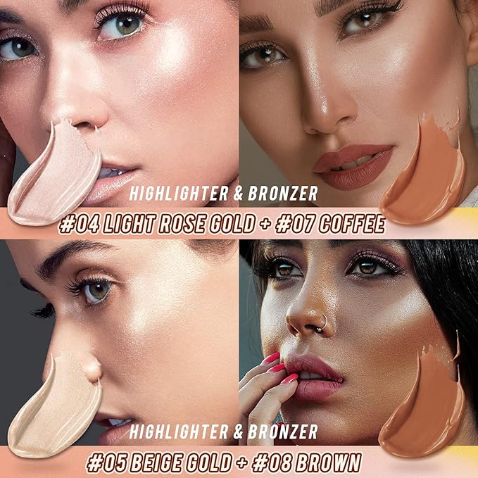 2Pcs Highlighter Stick Cream Contour Stick Makeup Kit, Shimmer Highlighter and Bronzer Stick Contour Wand, Water-proof Long Lasting Smooth Face Brightens & Shades Contouring Stick Illuminator