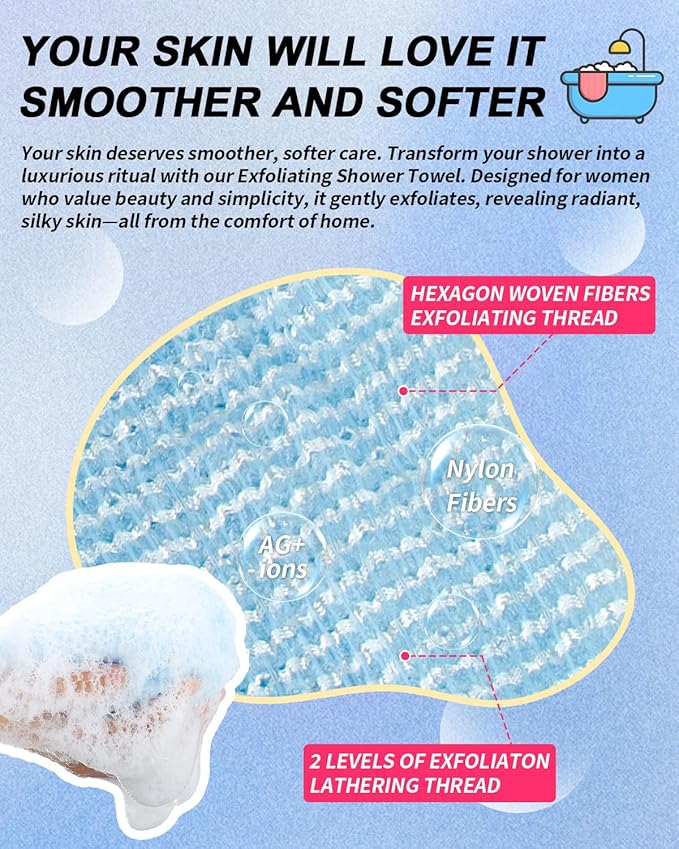 3D Wave Weave Japanese Exfoliating Washcloth, Long Exfoliating Back Scrubber for Shower, Hygienic Body Scrub Towel, Korean Style, Aqua (Normal)
