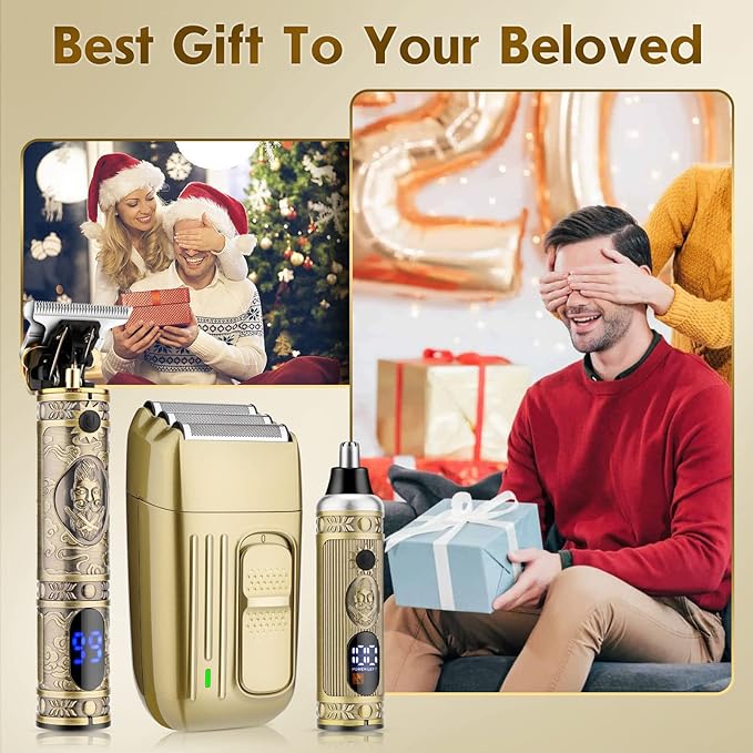 Hair Clippers for Men,Professional Cordless Barber Trimmer Set,Nose and Ear Hair Trimmer with Razor Replacement Head,USB Rechargeable Hair Cutting Grooming Kit-LED Display (Gold-1)