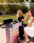 5 in 1 Rolling Makeup Train Case on Wheels Large Cosmetic Organizer Travel Cart for Women Beauty Salon Barber Hairstylist Pink
