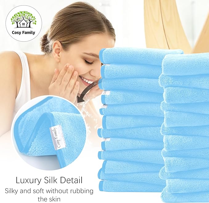 Cosy Family 24 Pack Soft Washcloths Set - 12 x 12 inches, Quick Drying - Highly Absorbent Coral Velvet Fingertip Towel Bathroom Wash Clothes for Bath, Spa, Facial, Kitchen - Aquamarine