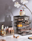 Sorbus Acrylic Makeup Organizer Set, 7-Drawer Vanity & Countertop Cosmetic Storage with Small & Wide Compartments, Black-Tint Makeup Storage for Brushes, Jewelry – Holiday Gift for Women & Teens