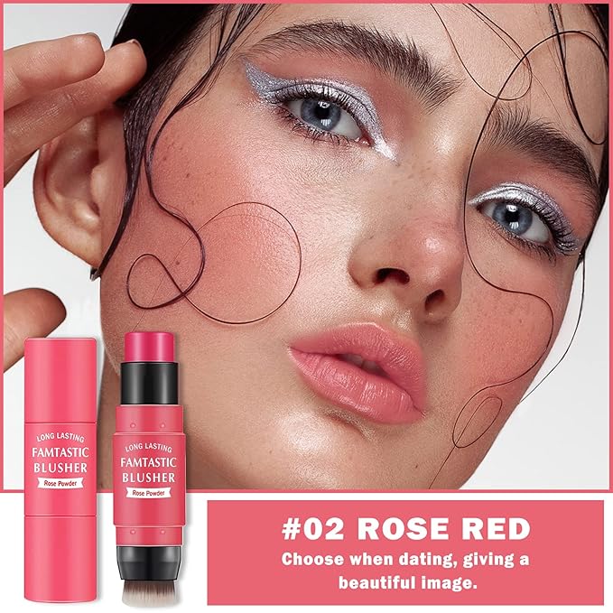Cream Blush Stick with Brush, Waterproof, Long Lasting, Skin Tones