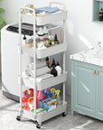 Sywhitta 4-Tier Plastic Rolling Utility Cart with Handle, Multi-Functional Storage Trolley for Office, Living Room, Kitchen, Movable Storage Organizer with Wheels, White