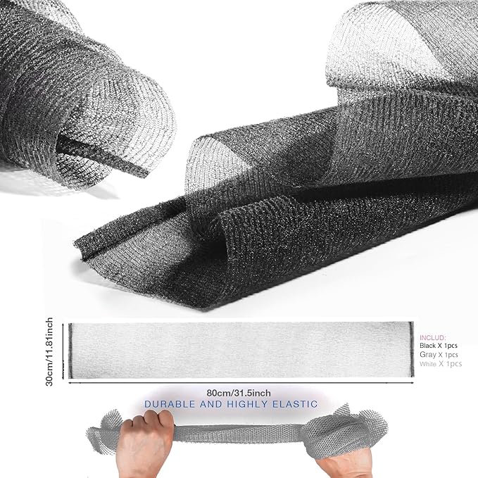 3-Piece Exfoliating Washcloth Set - African Net Sponge, Japanese Wash Cloth, Face & Body Exfoliator (Black, White, Grey)