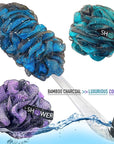 SHOWER BOUQUET Loofah-Charcoal Back-Scrubber & Bath-Sponge Color-Set // 1 Long-Handle-Back-Brush plus 2 Extra Large 75g Soft Mesh Loofa Lufa Loufa Poufs, Men & Women - Exfoliate with Full Pure Cleanse