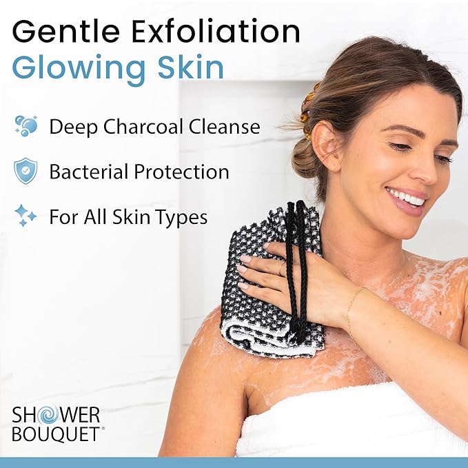 Japanese Exfoliating Washcloth for Back & Body - Charcoal & Silver Ion Exfoliating Towel with Handles - Two-Sided Gentle Exfoliation & Deep Cleansing Soft Body Wash Cloths for Shower - White