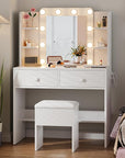 Haewon White Makeup Vanity Desk with Mirror and Lights, Small Vanity Table Set with Power Outlets, Storage Drawers and Chair, Dressing Table with 10 LED Bulbs and 3 Color Lighting Modes for Bedroom