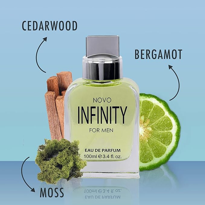 NovoGlow Novo Infinity for Men- 3.4 Fluid Ounce Eau De Parfum Spray for Men - Refreshing Citrusy & Floral Top Notes Smell Fresh All Day Long Lovely Gift Occasions