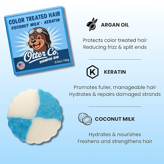 Otter co. Solid Shampoo for Color Treated Hair – Keratin & Argan oil – Swimmers Shampoo Anti Chlorine – Coconut milk, Jojoba oil, Ginger, Green Tea, Rosemary – Vegan, Sulfate Free – USA Made