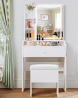 LIKIMIO Small Makeup Vanity Desk with Mirror and Lights, Vanity Table Set with Storage Drawer, Chair and Three Shelves, Bedroom, White