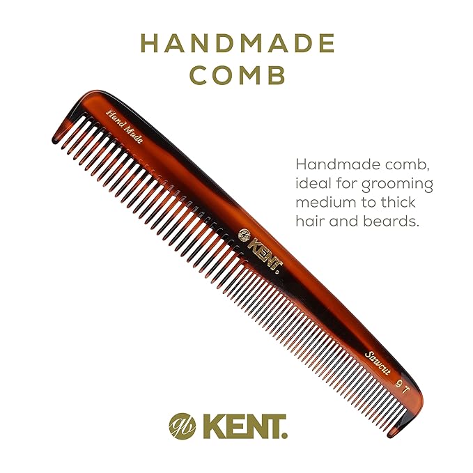 Kent 9T Tortoise Fine and Wide Tooth Comb Detangler - Large Handmade and Saw-Cut Dressing Combsw,for Wet and Dry, Hair Comb for Women and Durable Grooming Comb for Men Made in England