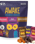 AWAKE - Caffeinated Chocolate Bites - Dark Chocolate Variety Pack (3 Flavors), 50 Bites - Dark, Salted Almond, & Salted Caramel - 50mg Caffeine - Coffee Alternative - Fairtrade, Gluten Free - 0.48oz